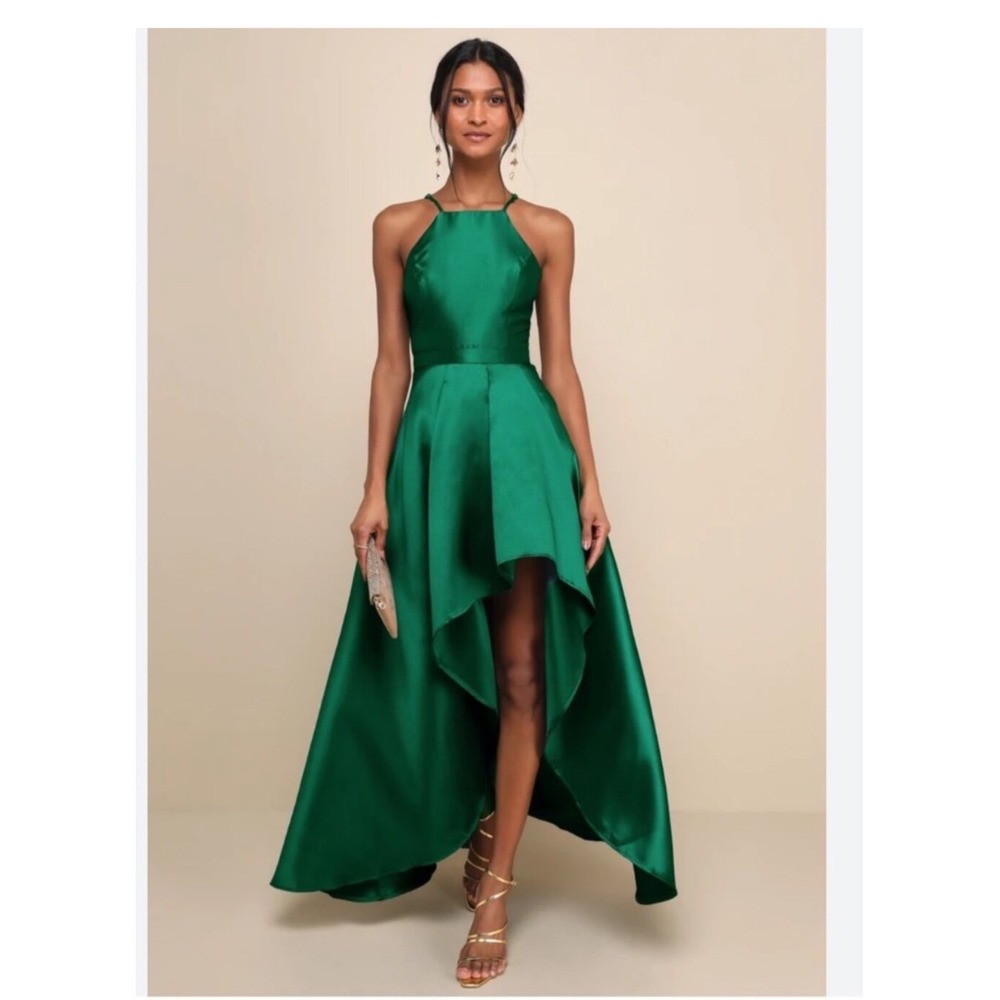 Lulus Broadway‎ Show High-Low Gown Emerald Green Satin Halter Neck Dress Size M